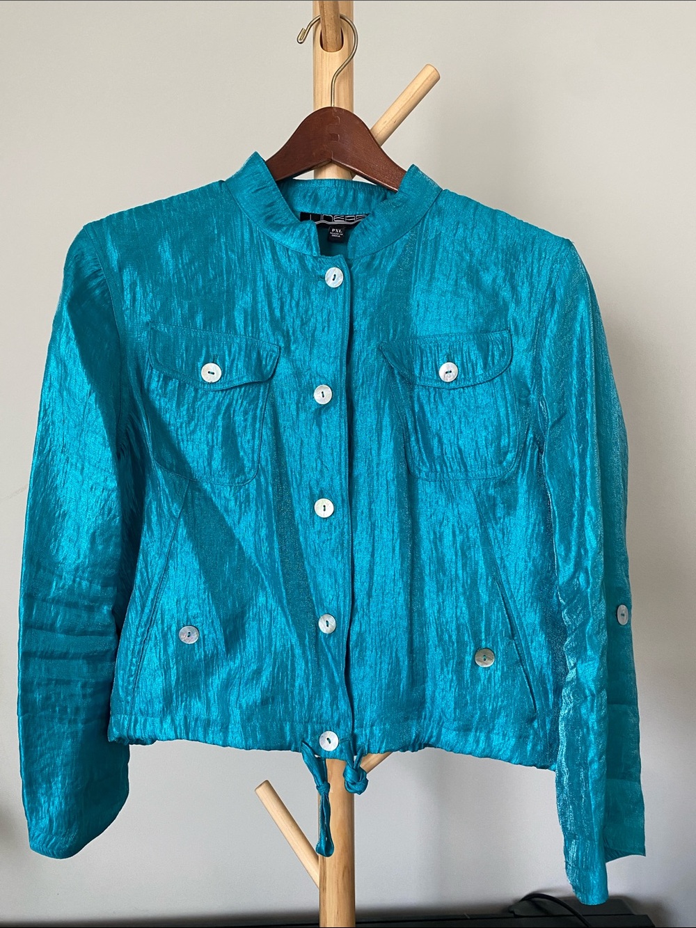Linear Teal Shimmer Button-Front Women’s Jacket